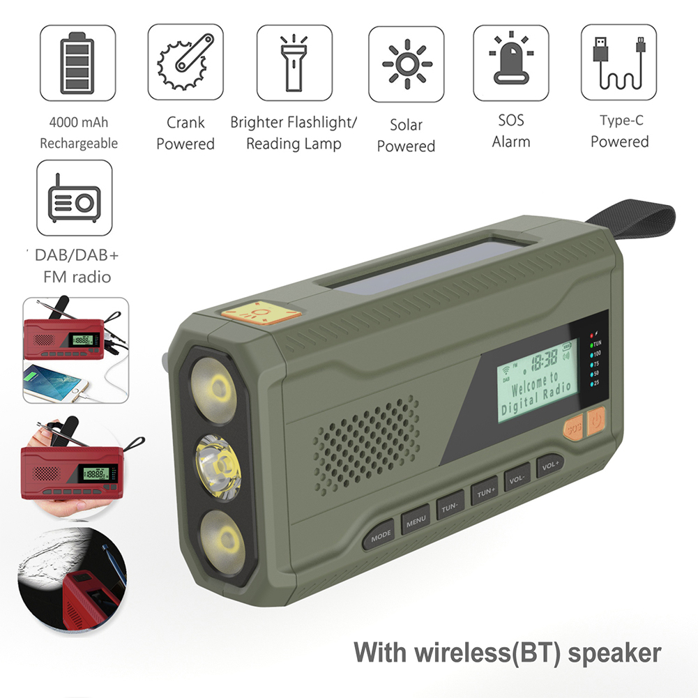 Radio de emergencia DAB/FM con Bluetooth, receptor de Radio Solar portátil, dinamo de manivela, Radio para exteriores, altavoz para acampar con linterna