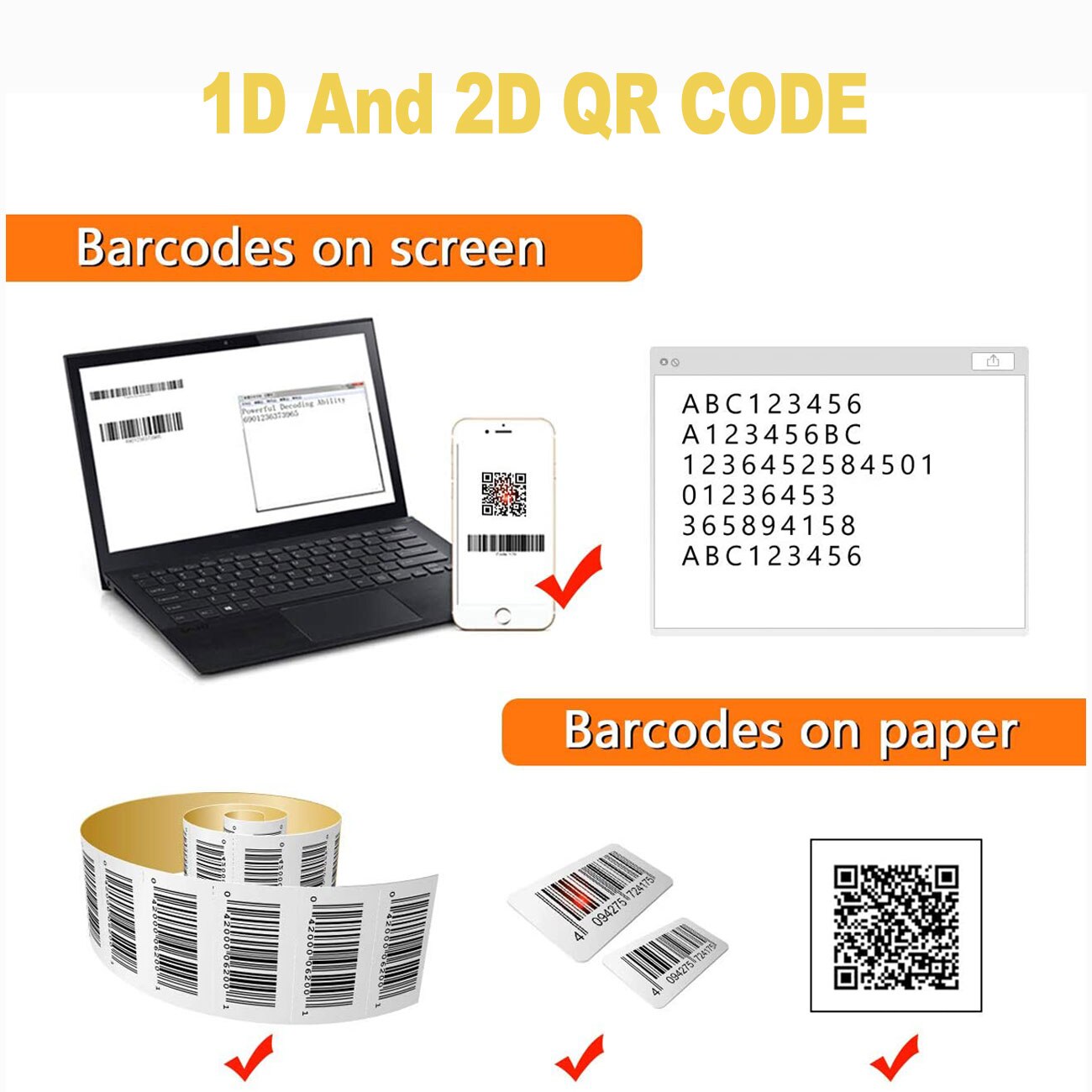 Holyhah 1D&amp;2D Handheld Barcode Bar Code Scanner Reader QR PDF417 Bluetooth 2.4G Wireless &amp;Wired For Mobile Phone Android iOS