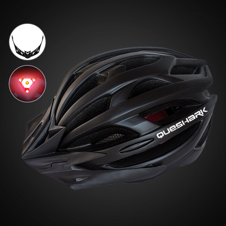 QUESHARK Männer Frauen Ultraleicht Radfahren Helm LED Rücklicht MTB Rennrad Fahrrad Motorrad Reiten Sicher Kappe Mit Sonnenblende: QE123 Schwarz
