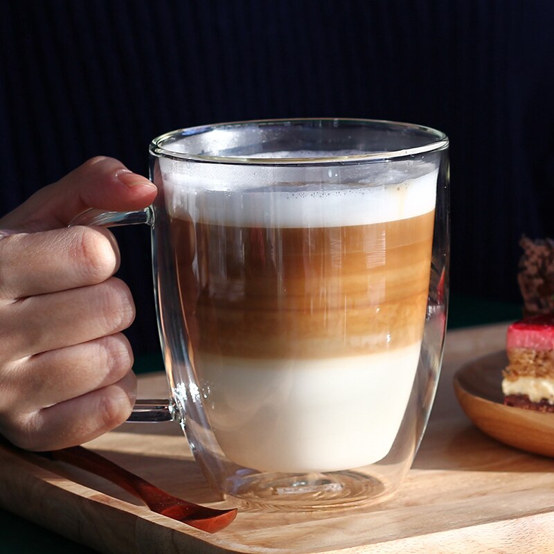 Amerikansk stil 350ml/450ml dubbelväggiga kaffemuggar i glas, borosilikat värmebeständigt glasmjölk