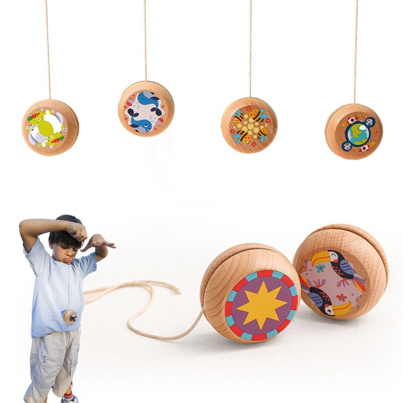 1Pc Small Size Children Wooden Yo-yo Ball Colorful Different Pattern Funny Toys Kids Classic Rope Toys Hand Trainning Kid