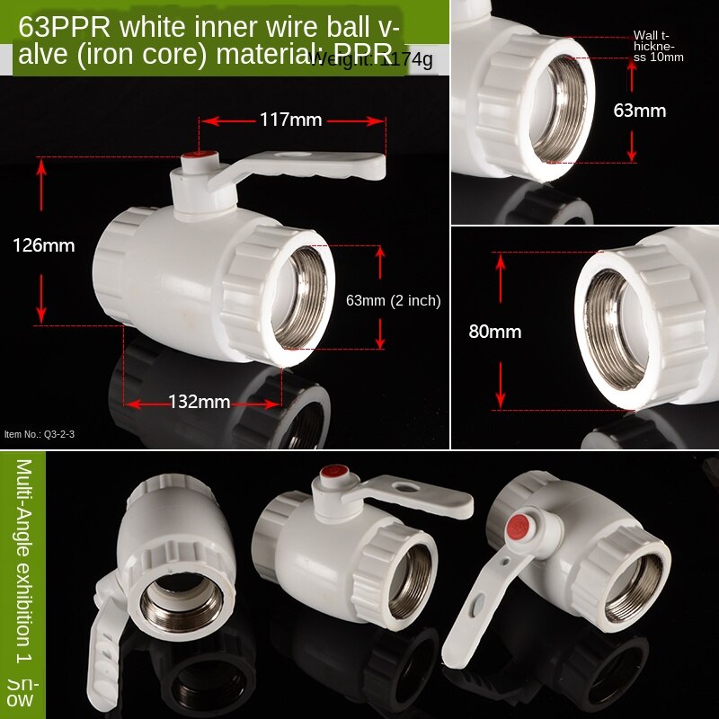 1/2 IN-20 3/4 IN-25 1 inch-32PPR melt ball valve wire wire ball valve live ball valve switch accessories thickened: 63PPR Ball Valve