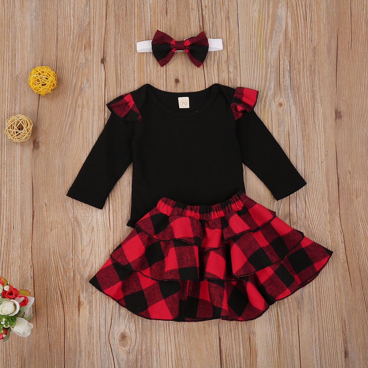 Drie Stuk Baby Meisje Kleding Verse Effen Kleur Lange Mouwen Jumpsuit + Plaid Korte Rok + Hoofdband Kerst herfst Outfits: Rood / 6m