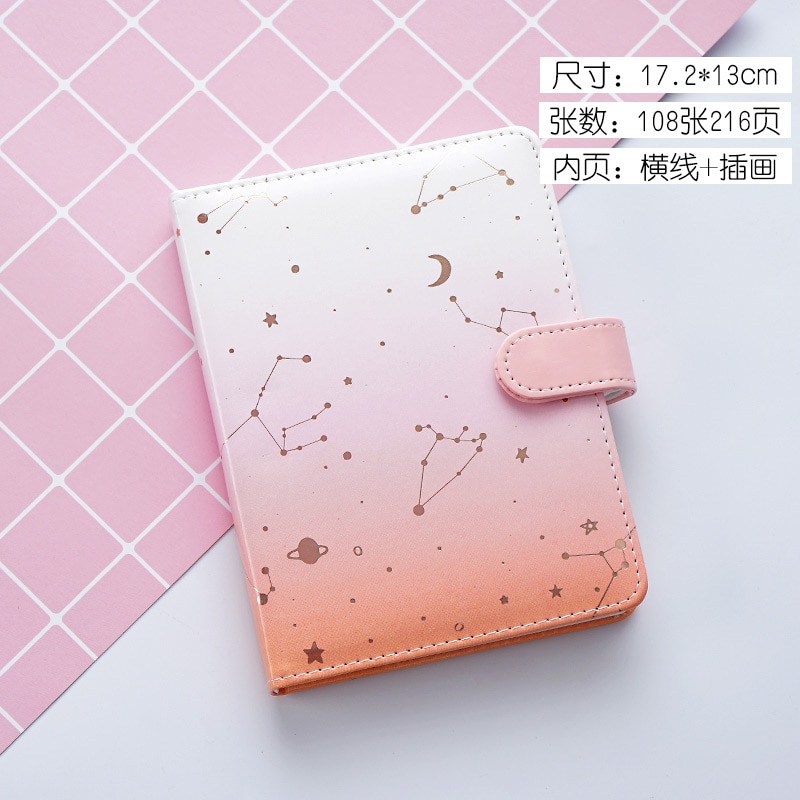 Cute Kawaii Coloring Page Notebook A6 PU Leather constellation Diary Horizontal Line School Office Stationery Supplies: Orange