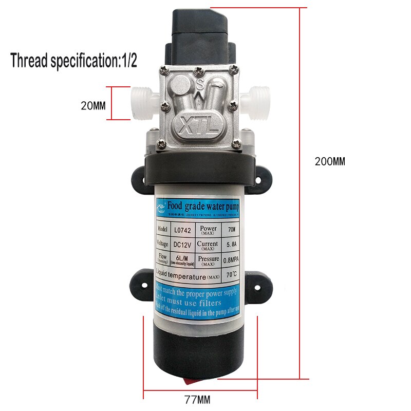 DC 12V 70W food grade self-priming pressurized water pump with switch diaphragm water pump 6L/Min food liquid pressurized
