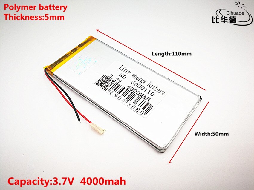 2pcs Liter energy battery Good Qulity 3.7V,4000mAH 5050110 Polymer lithium ion / Li-ion battery for tablet pc BANK,GPS,mp3,mp4