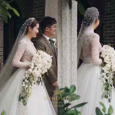 Long 2m 3m 4m mariée mariage voiles Tulle étoilé perles luxe voiles pour mariées voile mariage Velo de novia perles Long