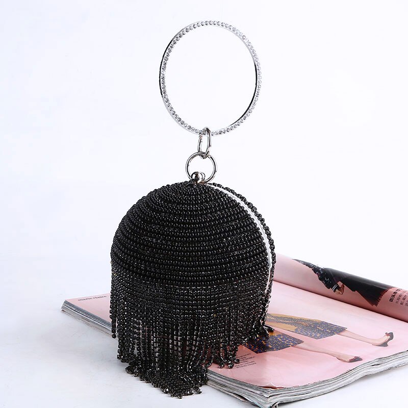 DICIHAYA Tassel Rhinestones Women Evening Bags Chain Shoulder Bag Lady Pearl Handbags Diamonds Round Wedding Party Clutch Bags: 222-6 black