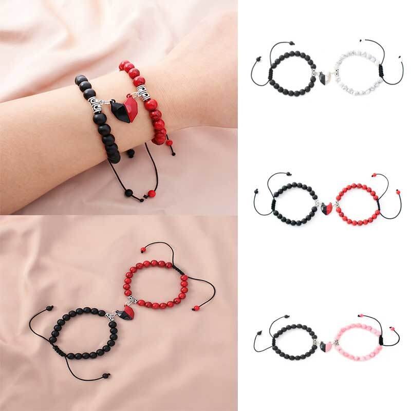 2Stck Herz Magnet Gewinnen Armbänder für Männer Frauen Paar Abstand Magnetische Armbinde Natürliche Stein Korn Armbinde Freundschaft Schmuck