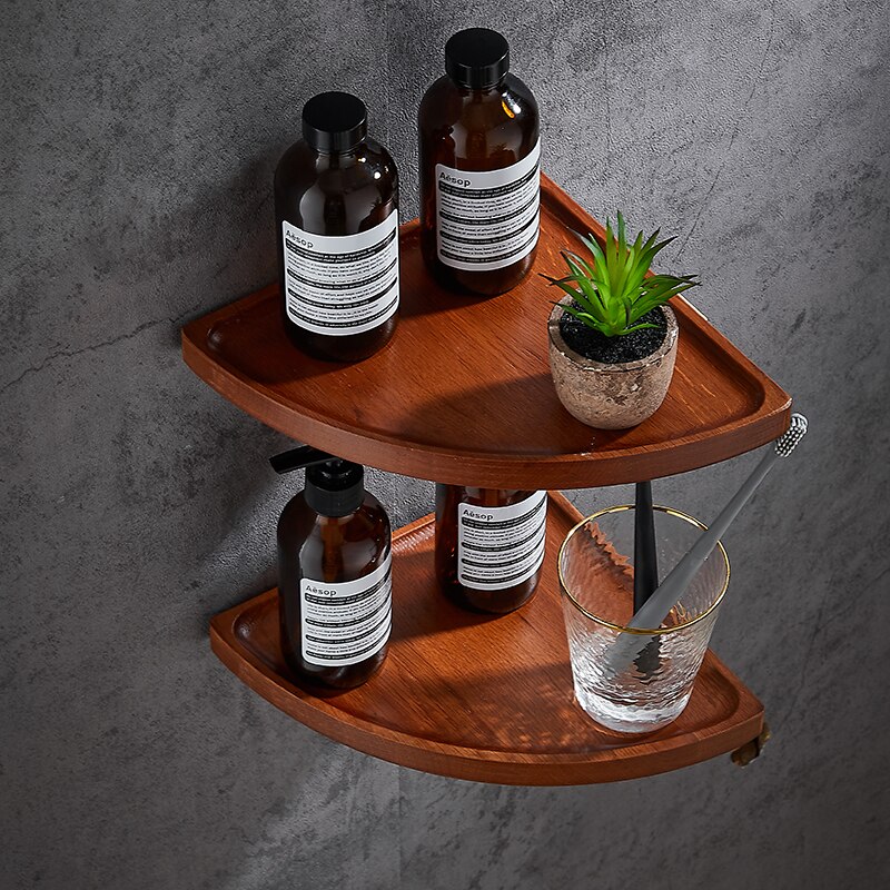 Bathroom solid wood triangle rack bathroom shower room wall hanging shelf without punching Chinese red oak storage rack