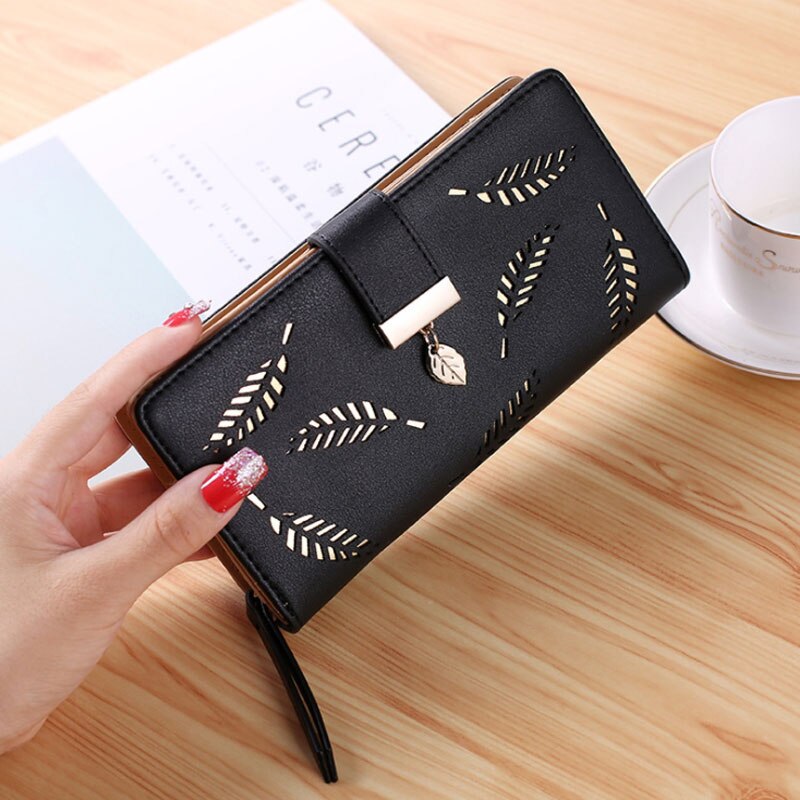 Cartera de cuero con cremallera de para mujer, Cartera de lujo para mujer, pequeña cartera femenina, hojas huecas para tarjetas de crédito: Black Long