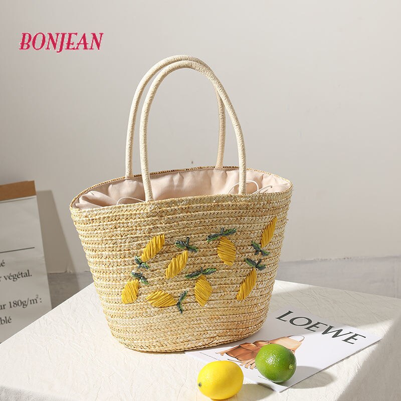 Vrouwelijke Weave Tote Bag Citroen Mode Zomer Strand Vrouwen Handtas Kleine Zadeltas Toevallige Stro Strand Reistas Ins