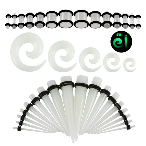 54 stks/partij Acryl Oor Taper met Pluggen Oor Piercings Spiraal Oor Versmalt Stekkers en Tunnels Kits Earlets Stretchings Body Sieraden: Glow in the Dark