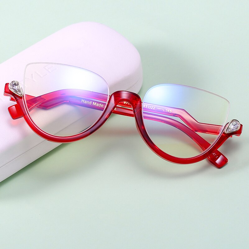 Lunettes transparentes à monture claire bleue pour femmes, demi-monture œil de chat, classique, Vintage