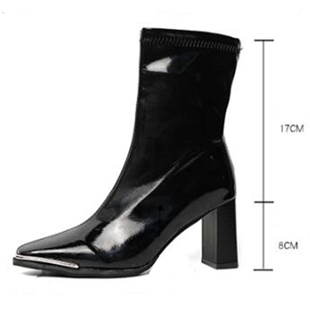 Patent Leather Shoes Womens Knee High Boots Square Toe Zip Ladies Thick High Heels Chelsea Bootties Black
