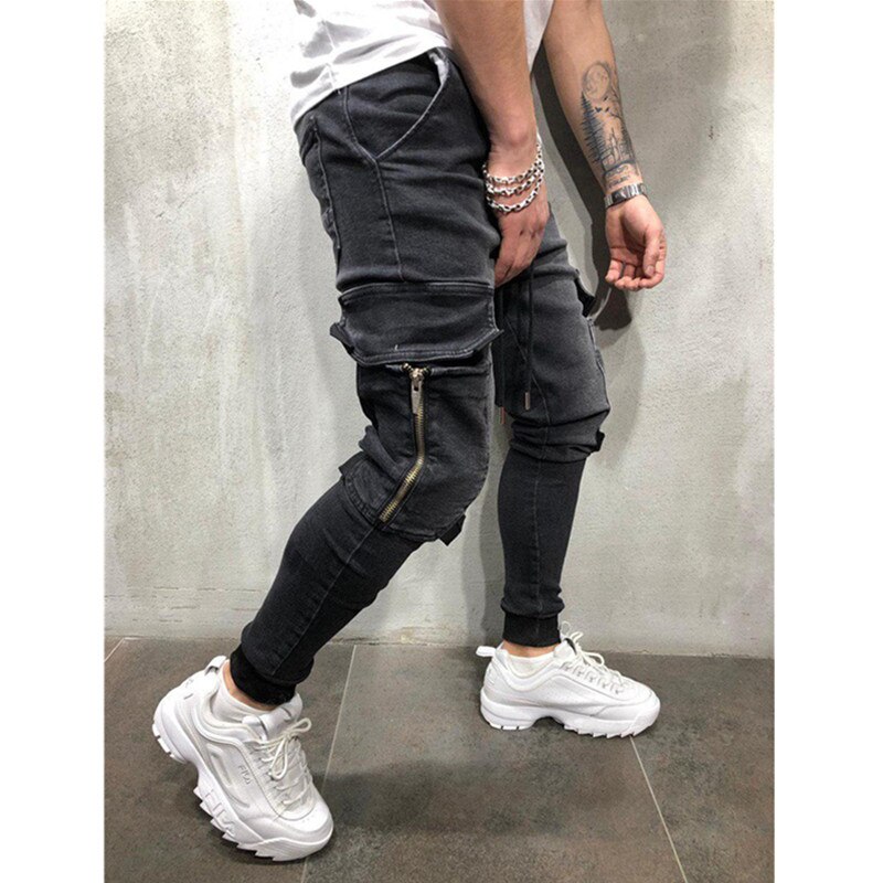 Hommes extensible multi-poche maigre jean hommes poche fermeture éclair crayon pantalon jean pantalon décontracté Hip hop pantalons de survêtement