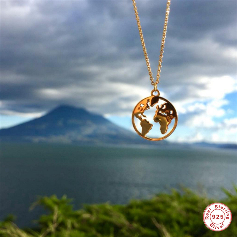 Collar ROXI Charm de plata de ley 925, collar hueco colgante del mapa del mundo, collar de joyería de para mujeres, collar de