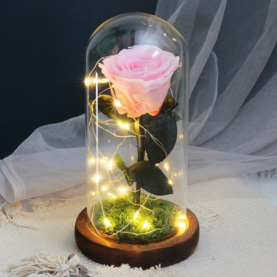 Torkade blommor konserverade rosor i glasskåpa med nattljus ornament bröllop alla hjärtans dag jul år heminredning: Rosa med ljus