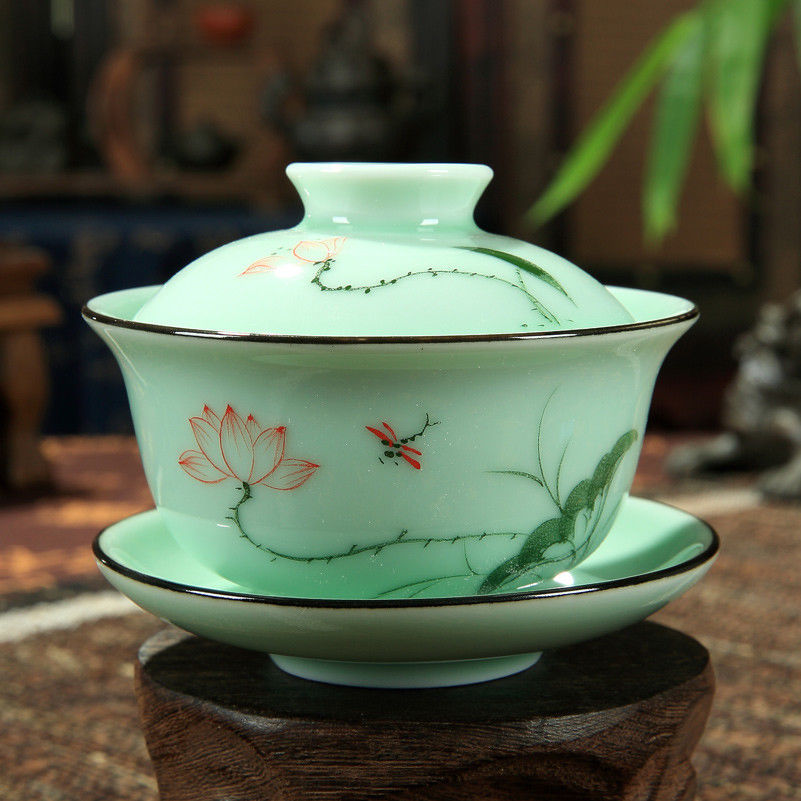 [grandness] longquan gaiwan sett porselens tekopp håndmalt floral sancai tekopp 170ml: lotus