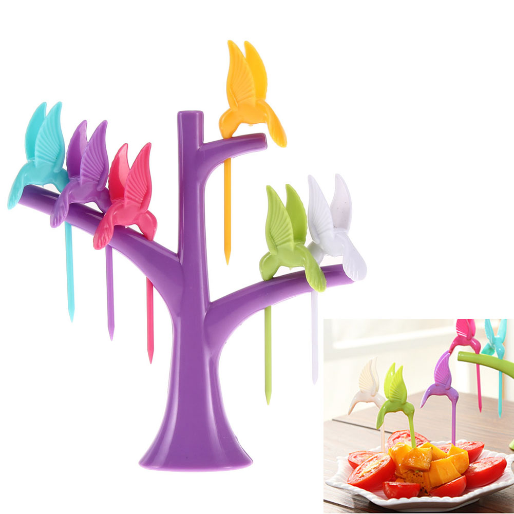 6PCS Multifunction Tree Shape Forks Holder Flying-Bird Forkes Fruit Fork Cartoon Snack Cake Dessert Food Fruit Toothpick Lunch