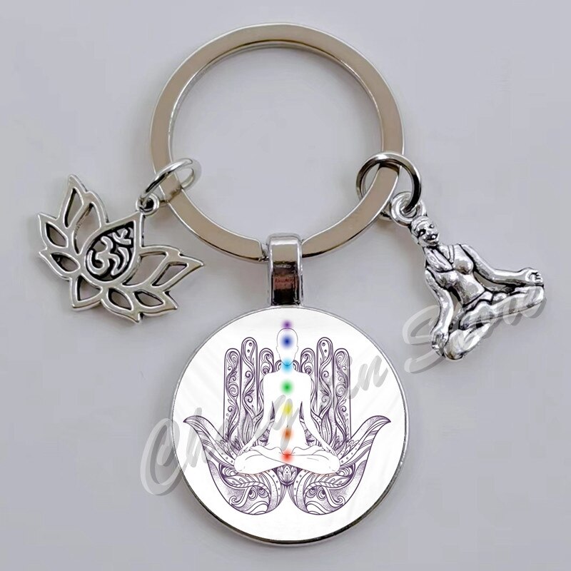 Indian Buddha Meditatie 7 Chakra Mandala Psychedelische Yoga Glas Cabochon Sleutelhanger Ornament: Donker Roze