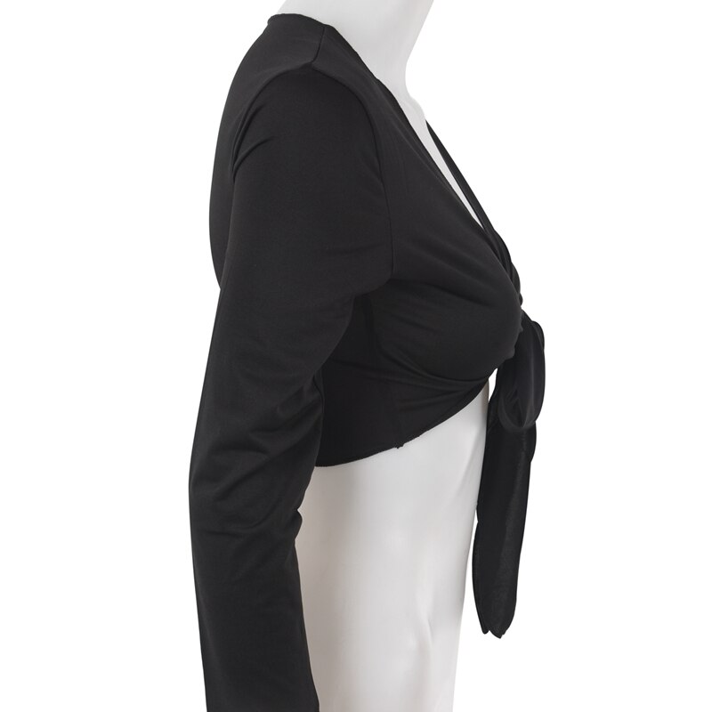 Damer langærmet binde afgrøde skuldertræk kvinders wrap bolero cardigan top - sort