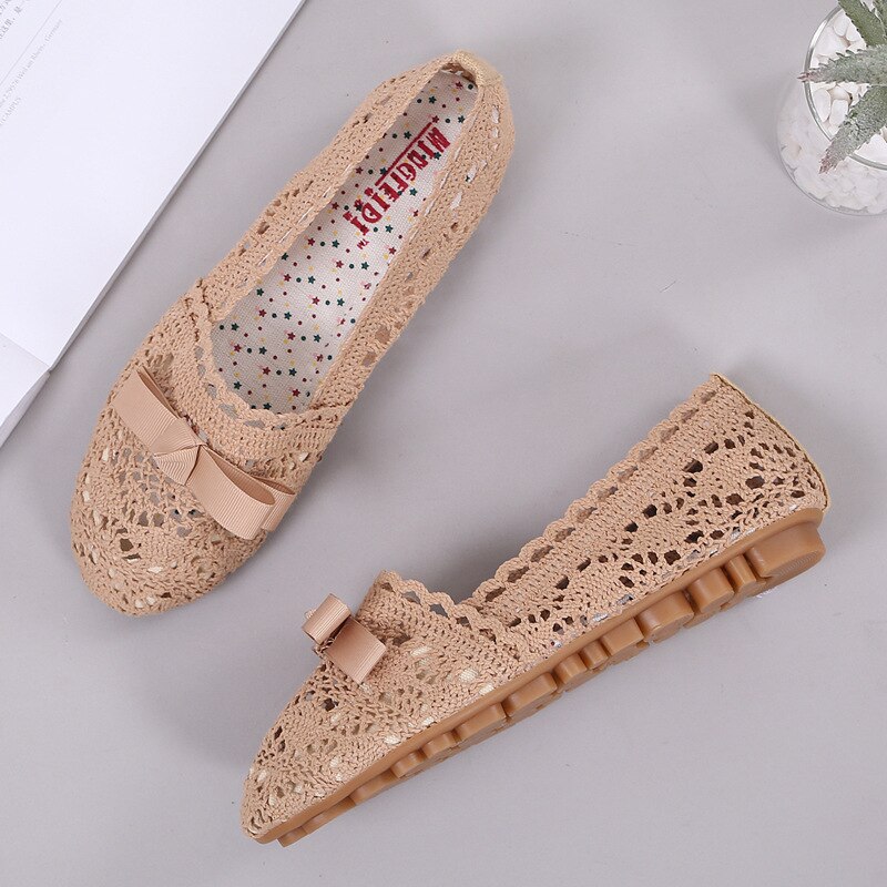 autumn bow-tied single shoes woman breathable hemp knitting hollow flats moccasins soft bottom non-slip leisure loafers