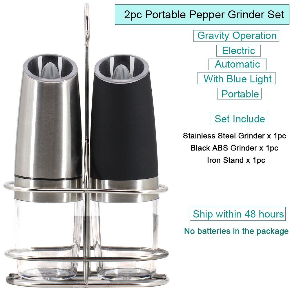 2Pcs Zwaartekracht Elektrische Zout En Peper Molen Automatische Pepermolen Led Licht Spice Kruid Batterij Keuken Gadgets Zwart En slive: Sliver Black Stand