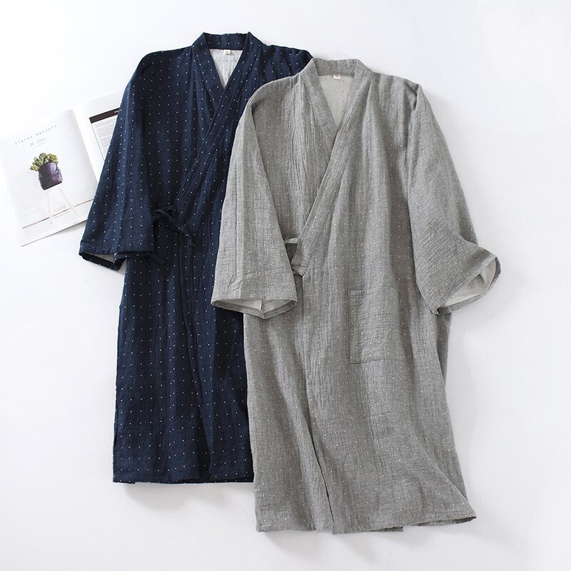 Cotton Kimono Style Bathrobe Men's Spring Summer and Autumn Thin Steamed Bathrobe Nine-quarter Sleeves One-piece Robe Men Kimono