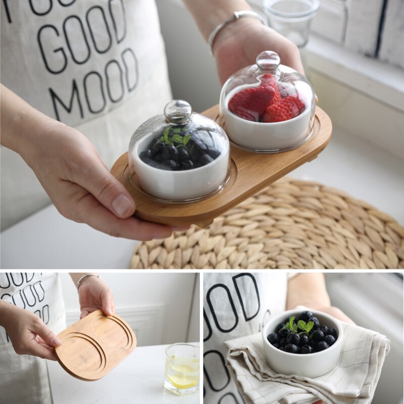 Bandeja de cerámica para almacenamiento de postres bandeja de almacenamiento de aperitivos y frutas, recipiente para helado con tapa de cristal y bandeja de bambú, juego de cubiertos de cocina