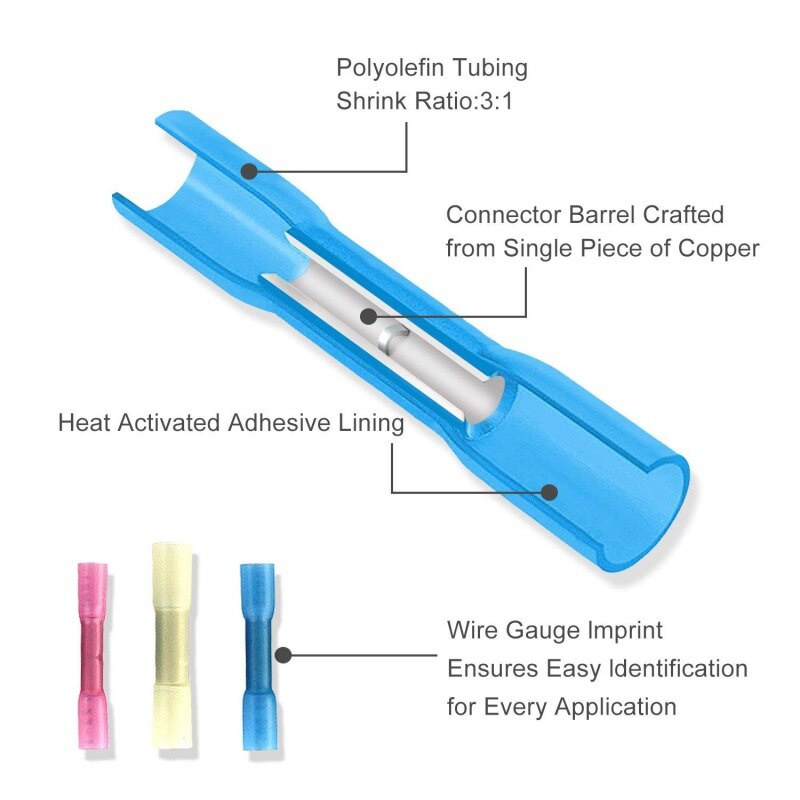 250pcs Waterproof Electric Wire Connectors Electrical Butt Terminals Heat Shrink Marine Solder Butt Connectors