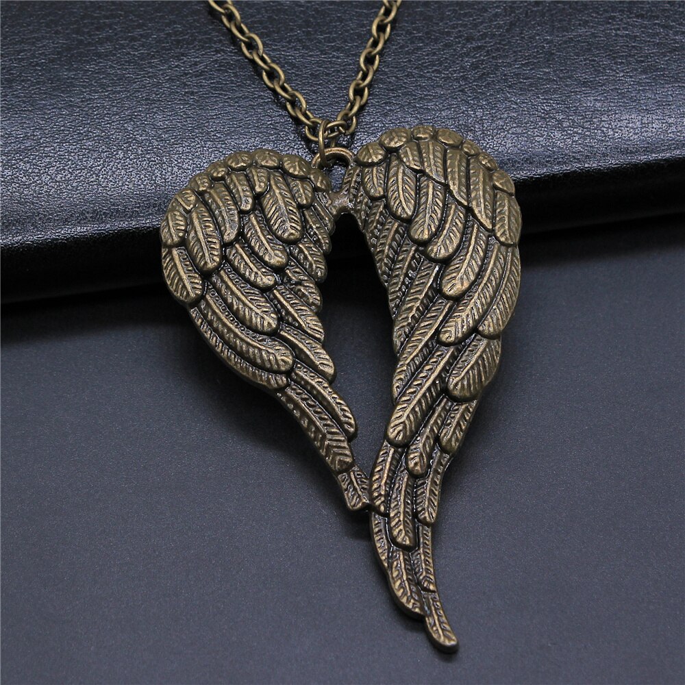 2 Colors Antique Silver Color Antique Bronze Color Bird Wings &amp; Feather Pendant Necklace For Women Men Girl Boy Metal Chain: N-A11740 / 45cm