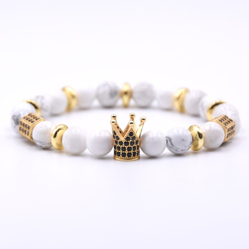 Cz Zirconia Koning Crown Gear Spacer Charms Armbanden Natuursteen 8Mm Kralen Armband Mannen Sieraden Kerstcadeaus: 8