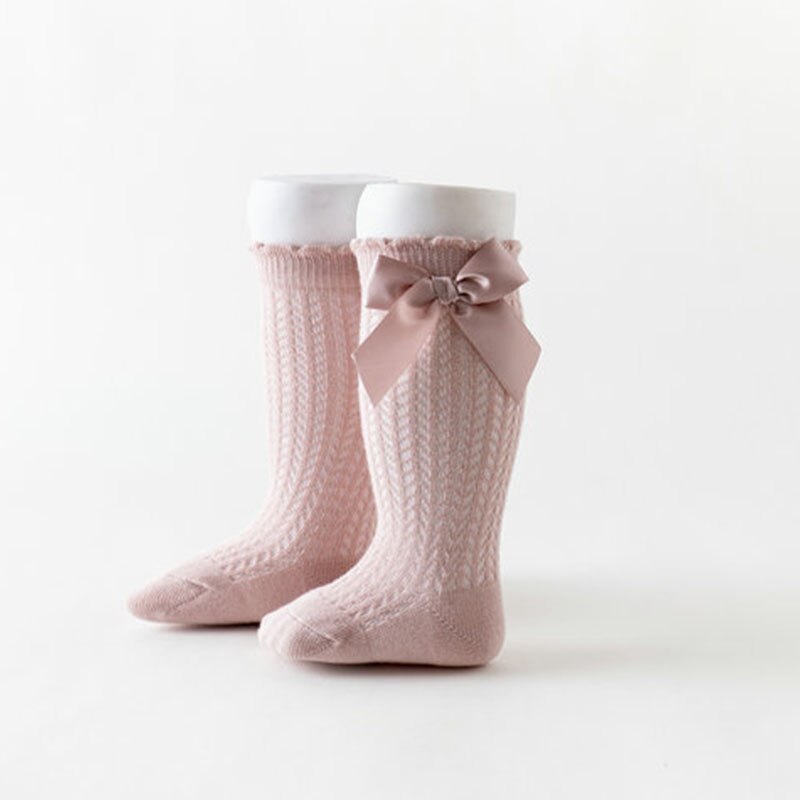 Chaussettes d'été pour bébé fille, avec nœuds, en maille, pour -né, hautes, respirantes, couleur unie, douces, en coton, pour nourrissons: pink