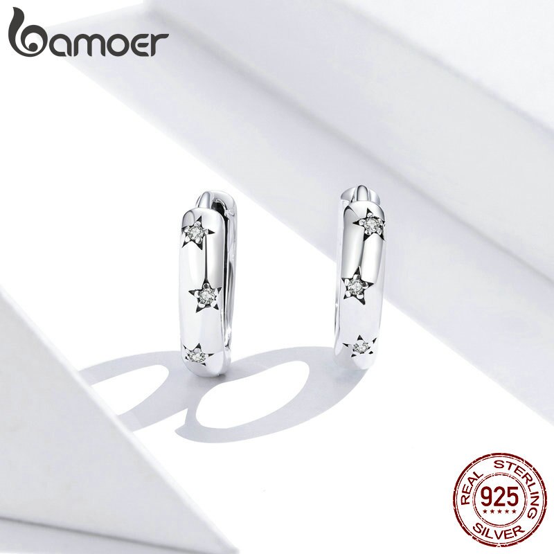 Bamoer Zilver 925 Sieraden Spraking Ster Minimalistische Oor Hoops Oorbellen Voor Vrouwen Sterling Zilveren Fijne Sieraden Pendientes SCE873