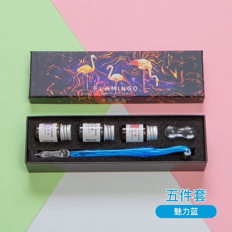 5/15pcs Glass Dip Pen In Water Pencil Color Ink Glass Signature Pencils Stationery Dip Pens And Ink Sets: 5 Blue