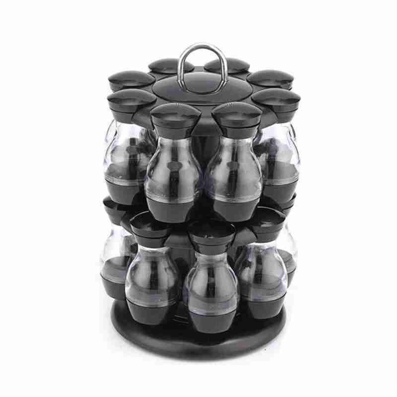 Roterende Cruet Kruiderij Kruiden Potten Set Voor Specerijen Peper Sprays Flessen Kruiden Zout Potten Keuken Opslag Rack Organizer: 16PCS Black