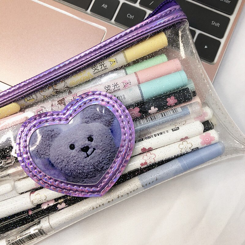 Kawaii-etui, schattige beer-konijn Kawaii-etui, transparante beer-etui met grote capaciteit, schattige etui schoolbenodigdheden for meisjes jongens studenten tieners (Color : Brown