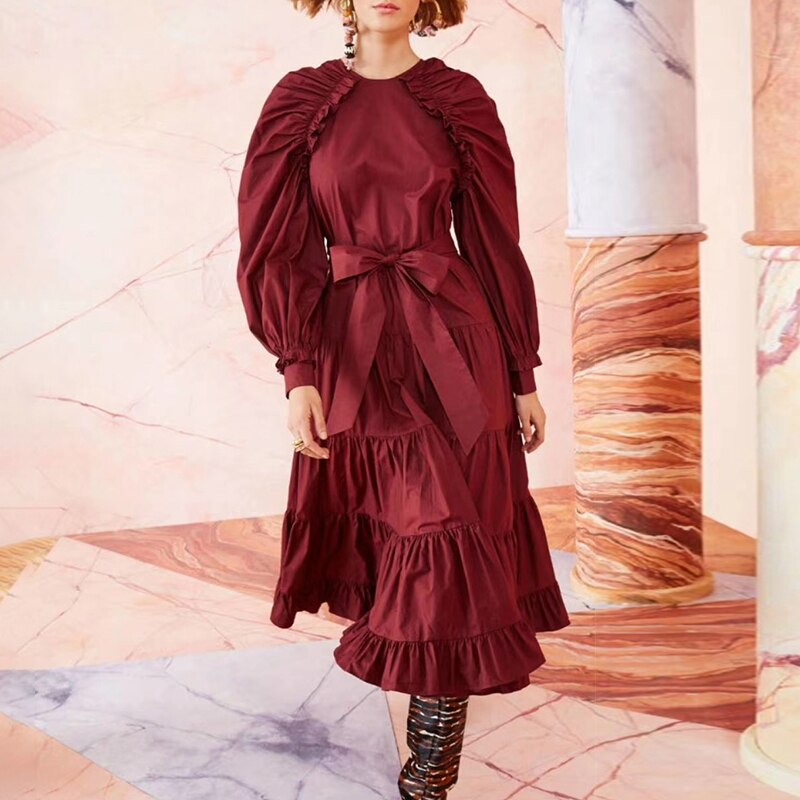 VGH Elegante Geraffte Kleid Für Frauen O Hals Laterne Hülse Hohe Taille Mit Schärpen Midi- Schwarz Kleider Weibliche Neue kleidung