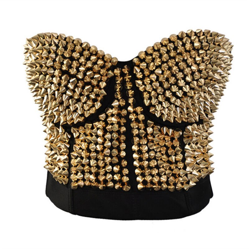 Corsé Sexy de Metal con remaches para el pecho, traje de actuación para baile de graduación, Reina, club nocturno, DS: Oro / XXL