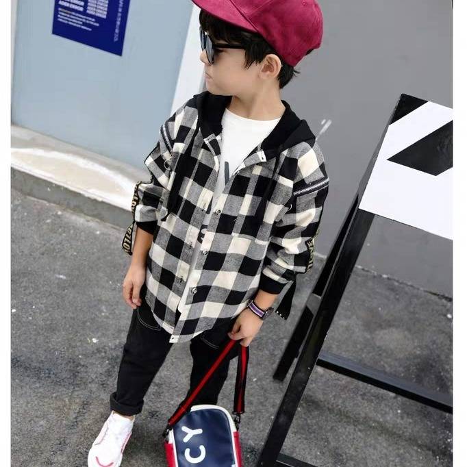 eins heißer Jungen draussen Jacken 3-13 jahre alte Koreanische Sping und herbst jacke jungen Mit Kapuze kariertes hemd buchstaben drucken freundlicher Mantel
