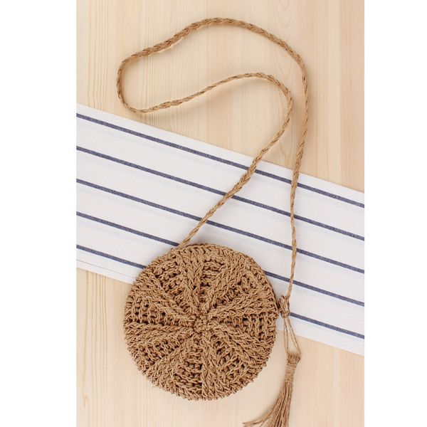 Small Bolsas Round Straw Beach Bags Handmade Woven Crossbody Bags Raffia Circle Rattan Mini Bags Summer Women Shoulder Bag C843: Brown