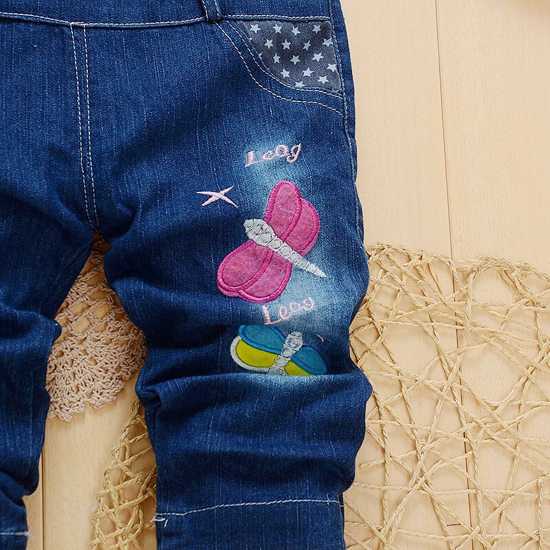 NYSRFZ Baby Broek Kids Denim Overalls Borduurwerk libel Jeans Zuigeling Baby Bib Broek Jongens Meisjes Denim Jumpsuit