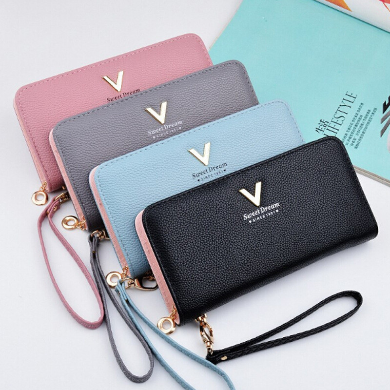 V brev armbånd kvinner lang clutch lommebok stor kapasitet lommebøker kvinnelig veske dame vesker telefon lommekortholder carteras