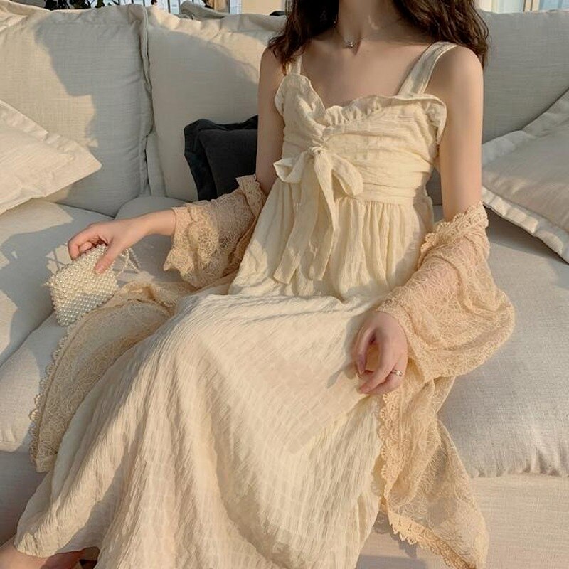 HOUZHOU Night Gown and Robe Sets for Women Cotton Pleated Bow Nightgowns Nightwear Sleep Dress Spring Autumn Nightie Ruffles
