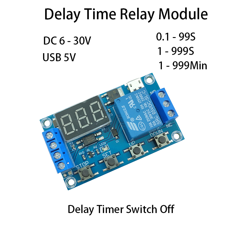 Tidsfördröjningsrelämodul  dc 6 - 30v 5a fördröjningstimer avstängningsmodul justerbar 1s 999s 999 min stöd för micro-usb 5v led-display