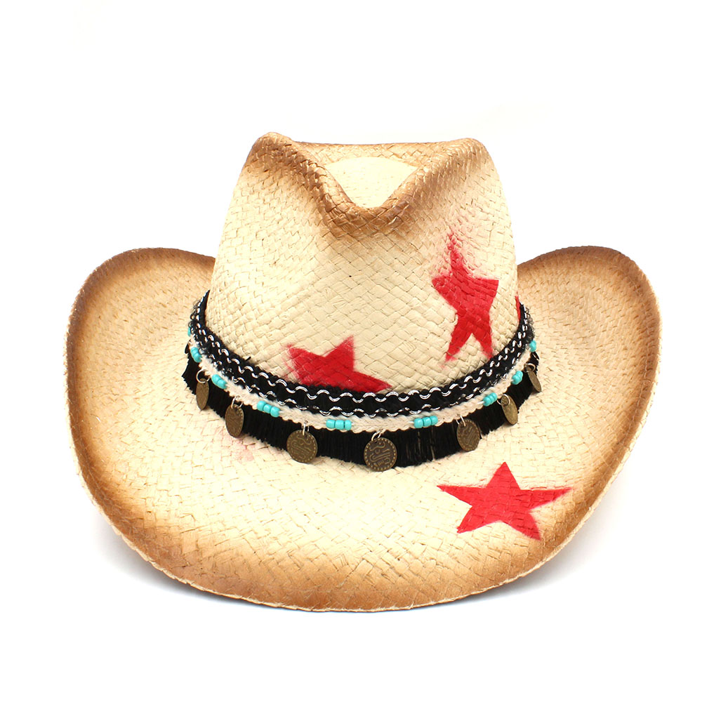 Kvinder mænd halm vestlige cowboy hat med punk blade band stjerne dame far sombrero hombre cowgirl jazz caps størrelse 58cm: C2 ca.