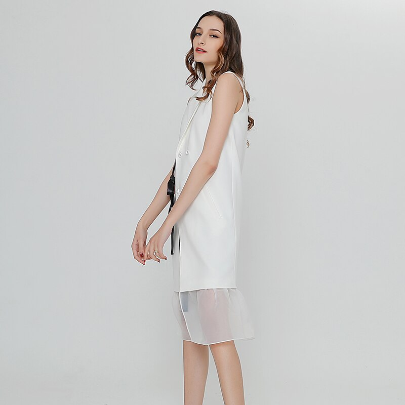 Vgh Blazer Jurk Voor Vrouwen Revers Mouwloze Strik Lace Up Patchwork Mesh Witte Jurken Vrouwelijke Zomer Kleren