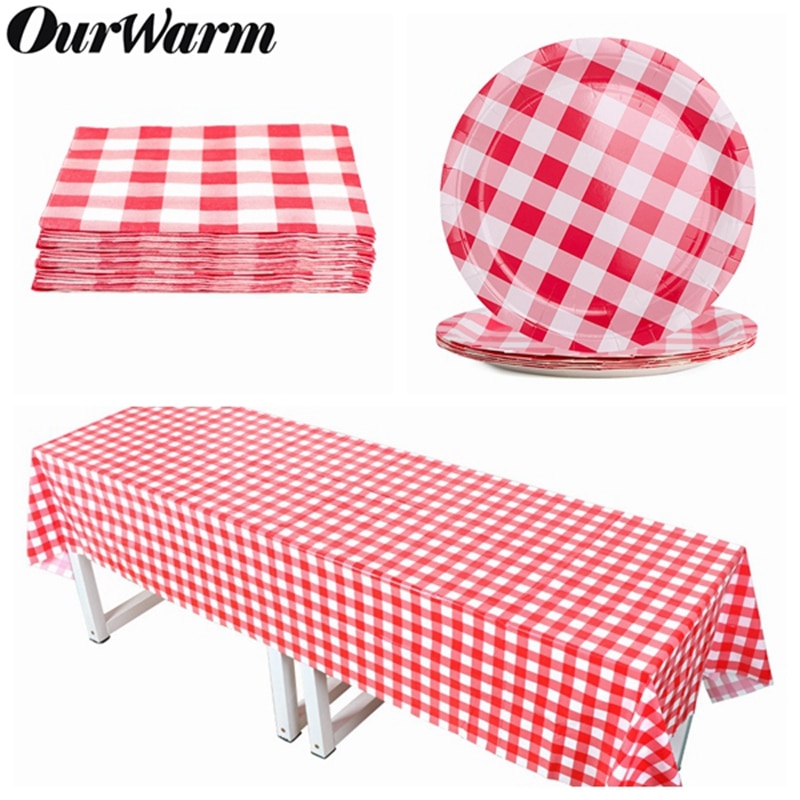OurWarm Wegwerp Servies Rood en Wit Geruite Perfect voor Italiaanse Etentje Vierkante Tafelkleed Aardbei Verjaardag