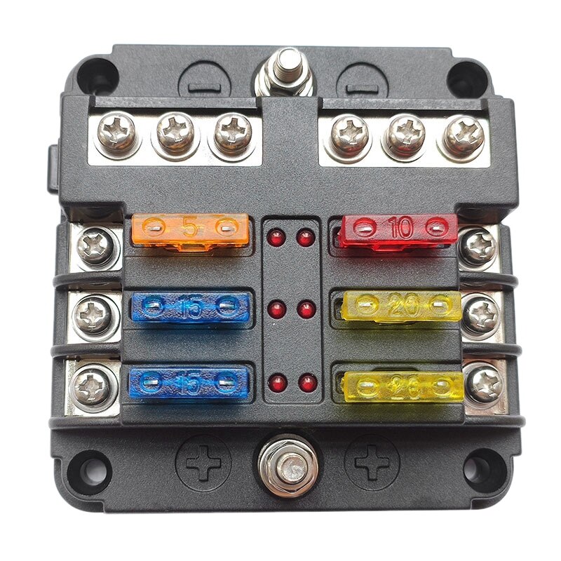 6-Way Fuse Box with Negative LED Lampfor Auto, RV, Car, Boat, Marine, Truck Waterproof Fuse: Default Title